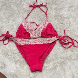 Lace Trim Pink Bikini Set